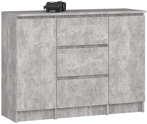 AKORD Kommode K100 mit 3 Schubladen, Schrank mit 2 Tür 4 Regalböden, Für das Wohnzimmer Schlafzimmer, Moderne, 16mm Laminierte Platte, B101xH76xT35 cm, Farbe Beton & Beton