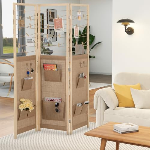 RELAX4LIFE Paravento a 3 Pannelli, con 8 Tasche, 4 Ganci, Corde in Iuta e 20 Clip in Bambù, Separé Divisorio Pieghevole in Legno di Pino per Camera da Letto e Ufficio, 120 x 170 cm
