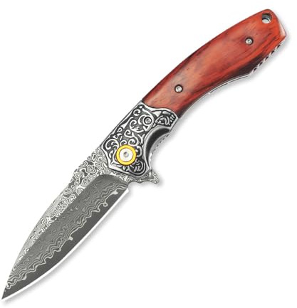 Amacigana Damast Klappmesser Taschenmesser mit Palisandergriff, 19,6 cm Gesamtlänge, 59-60 HRC,Gewicht:133G (A 01)