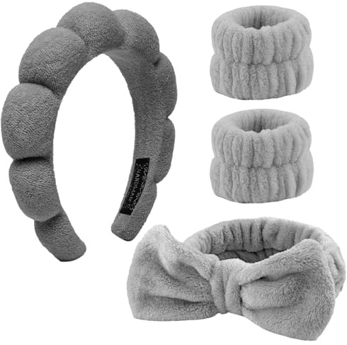 4 Pieces Spa Headband for Washing Face, Skincare Terry Cloth Headband Wristband Set,Elastic Hairbands Face Washing Wristband,Sponge Puffy Makeup Headbands for Women Girls Shower,Sports,Yoga (Grey)