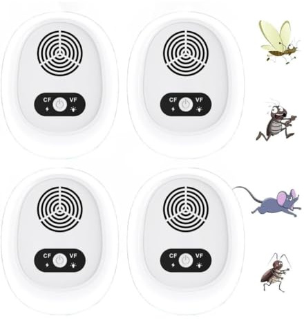 Repelente Ultrasónico Electrónico Pack 4 Unidades | Ahuyentador de Plagas para el Hogar | Repele Ratones, Mosquitos, Cucarachas y Arañas | Doble Frecuencia Ajustable CF/VF | Sin Químicos y Seguro