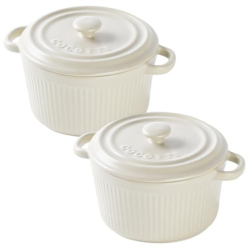 LUPATDY Lot de 2 Ramequin Four Ronds en Céramique avec Couvercle 400 ml, Mini Cocottes en Céramique avec Poignées pour Brûlée, Viande, Légumes, pour Friteuse à air, Lave-vaisselle, Blanc