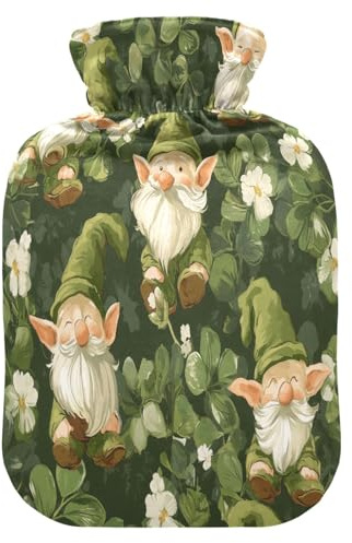 Gnome Lucky Clover Wärmflasche mit Fleece-Bezug, PVC-Wärmbeutel, 2 Liter
