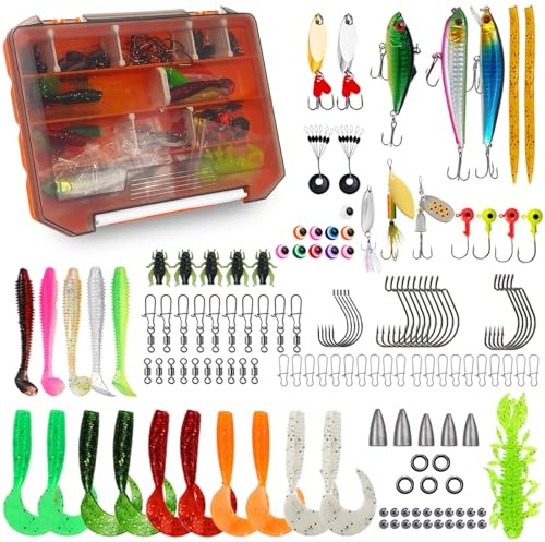 Yiomxhi 137 Stück Angelköder Set mit Angelbox, Angelzubehör inkl. Gummifische Wobbler Swimbait Spinner Haken Gewichte, Angel Köder für Hecht Forelle Zander Barsch Geschenk für Männer