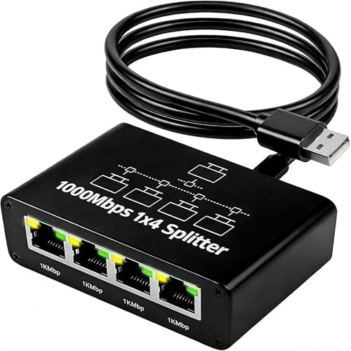 Ethernet Splitter 1 to 4 1000Mbps High Speed Network Hub w/USB Power Cable | Gigabit Ethernet Switch 4 Port, RJ45 Internet Splitter LAN Adapter for Cat8/7/6/5e, Plug and Play for PC, Laptop, TV, Router