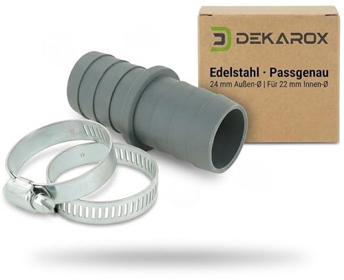 DEKAROX Schlauchverbinder 24 mm Außen-Ø für 22 mm Innen-Ø Ablaufschlauch – Waschmaschine/Spülmaschine – inkl. 2 Schlauchschellen – Maßprüfung für dichten Sitz