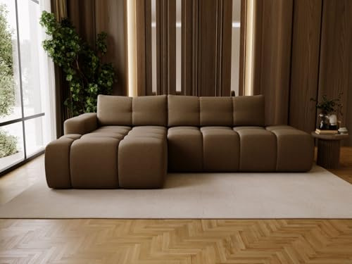 GRAINGOLD Montero L Ecksofa modern mit Bettfunktion, 280x177 cm, L-Form Sofa, Schlafcouch für Wohnzimmer, Bouclé-Stoff, 3-Sitzer Eckcouch, Ecksofa mit Bettkasten (Braun, Links)