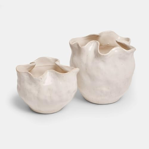 Loberon Ãœbertopf 2er Set Vérolines, Creme | Zwei Größen - Handgeformt - Gewellter Rand - Sanfte Glasur - Blumentopf - Pflanzgefäß - Gartenzubehör - Steinzeug