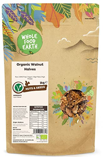Wholefood Earth Organic Walnut Halves 3kg Raw | GMO Free | Vegan | High Fibre | High Protein | Certified Organic