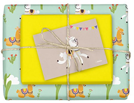 dabelino® 4x doppelseitiges Lama/Alpaka-Geschenkpapier + 1x Postkarte für Kinder | Made in Germany | (Einzelbögen 42x59cm, DIN A2)