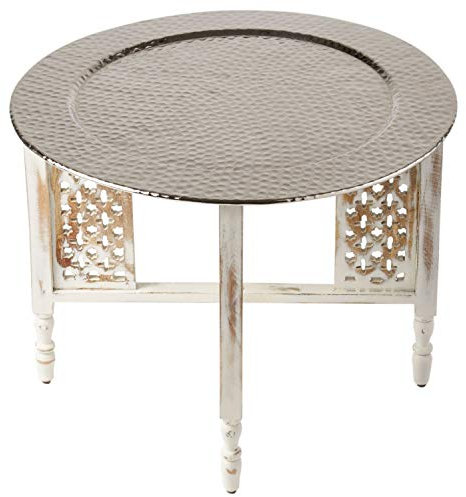 Marokkanischer Runder Tisch Couchtisch Hania ø 60cm rund | Orientalischer Wohnzimmertisch mit klappbaren Vintage Gestell aus Holz in Weiss | Das Tablett Dieser Klapptisch ist aus Metall in Silber