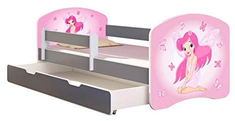 ACMA Kinderbett Jugendbett mit Einer Schublade und Matratze Grau mit Rausfallschutz Lattenrost II Spielbett Kinderzimmer Möbel (07 Rosa Fee, 140x70 + Bettkasten)