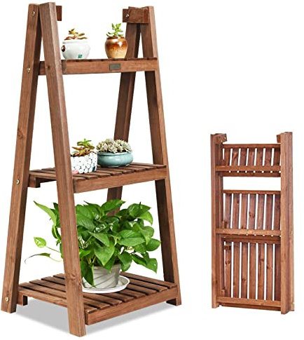 COSTWAY 3 Tier Wooden Plant Stand, Folding Ladder Plant Shelf Flower Stand, Indoor Outdoor Flower Pots Holder Display Rack for Home Garden Patio Balcony (Dark Brown, 45 x 38 x 95 cm)