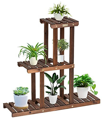GIANTEX Pflanzenregal Blumenregal Holz, Blumenständer 3 Ebenen, Pflanzenregal Gartenregal Rustikal, mini Blumentreppe, Blumenbank mehrstöckig, Pflanzentreppe Indoor & Outdoor