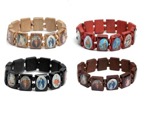 4 Stück Holz Jesus Armband Saints Rosenkranz, dehnbares Holzarmband mit kleinen Platten, mit Bildern von religiösen Heiligen Jesus Geschenk für Männer und Frauen