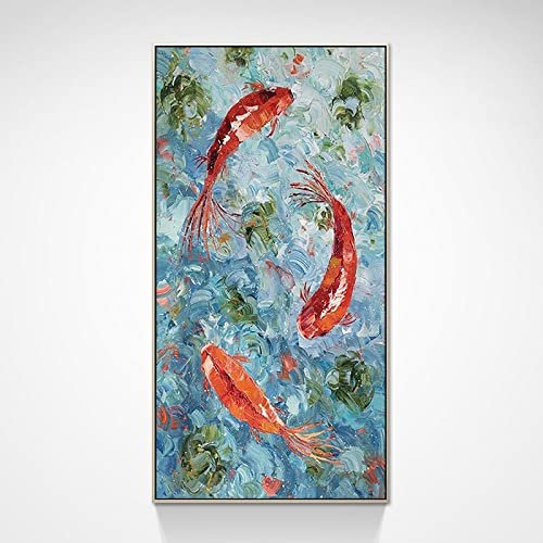 SLEA Handgemalte Acrylbilder,Abstrakt Neun Fische Figur Koi Moderne Handgemalte Ölgemälde Dicke Textur Original Kunstwerk Leinwand Wandkunst Messer Wandbild Für Wohnzimmer Büro Wohnkultur,150X300Cm(6
