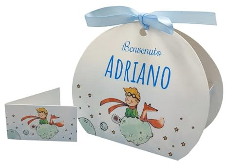 PV Grafik® 24+24 Scatoline Portaconfetti Piccolo Principe – Bomboniere Nascita Bimbo con Nome Personalizzato e Bigliettini Coordinati – Tema Celeste con Volpe e Pianeti (TunnaPP06)
