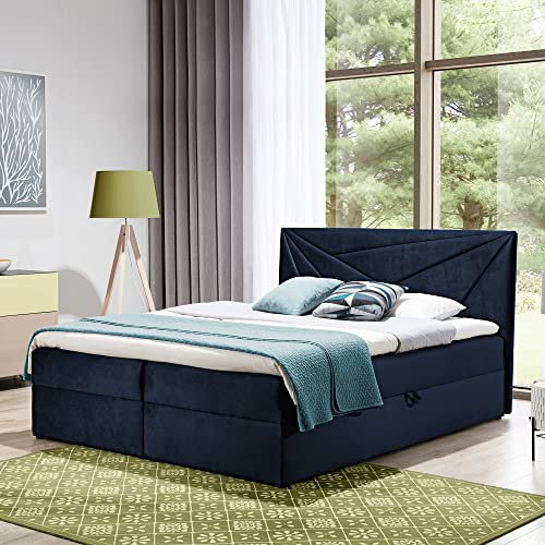Boxspringbett Doppelbett TEO - Bett mit Bonellmatratze, mit Bettkasten für Bettwäsche und Topper. Gepolsterte Kopfstütze in 3 verschiedenen Varianten (Dunkel blau, 120x200 TEO 3)