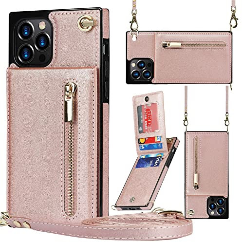 Hadwii Hülle für iPhone 11 Pro Hülle Leder mit Band und Brieftasche, Kartenfächern Standfunktion Handyhülle Handytasche zum Umhängen Einstellbar Abnehmbar Necklace Schutzhülle, Roségold