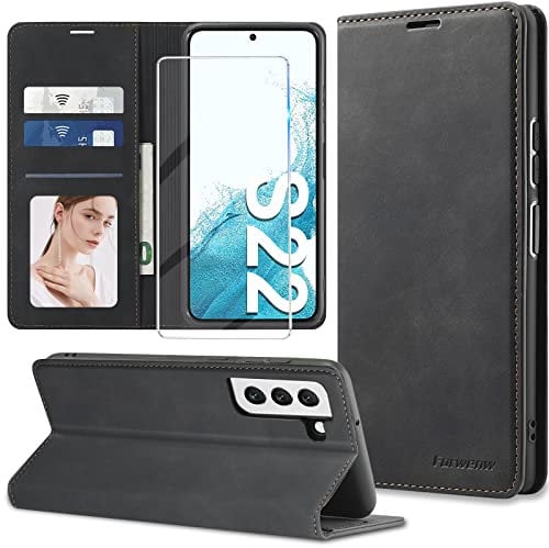【2024 𝐍𝐄𝐖】 Handyhülle für Samsung Galaxy S22 Hülle Leder mit Schutzfolie [3 Kartenfächer] Klapphülle für Samsung Galaxy S22 5G Hülle Leder Wallet Klappbar Stoßfest Case für Samsung S22 6,1 Zoll