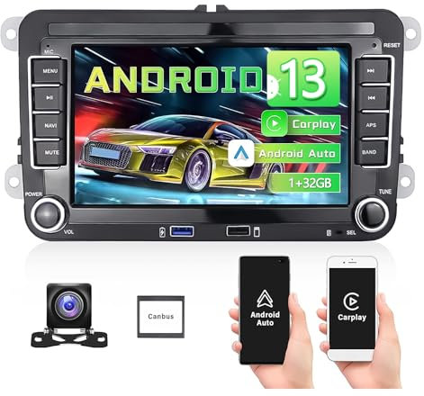 CAMECHO Android 13 Car Stereo with Wireless CarPlay Android Auto for VW Polo Golf Caddy T5 Tiguan Skoda Octavia Seat Leon Car Radio with 7” Touchscreen GPS Sat Nav WiFi HiFi Bluetooth FM RDS AHD CAM