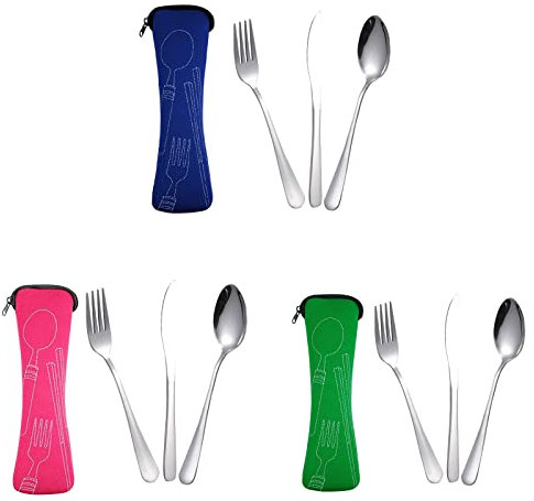 KARELLS CU01 Travel Cutlery Set, 3 Piece Portable Stainless Steel Cutlery Set, Camping Cutlery with Neoprene Case for Camping, Picnics, Festivals and Travels,Blue, Red, Green