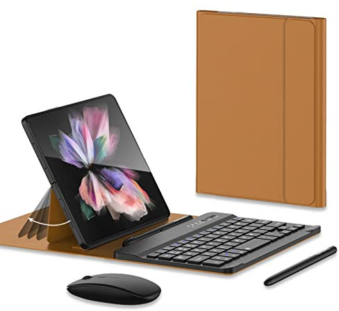 COQUE Souris Bluetooth,Clavier,étui en Cuir,Stylet+Fente Stylo téléphone Bureau kit,Support de Cas de téléphone Portable pour Oppo Find N-Brun