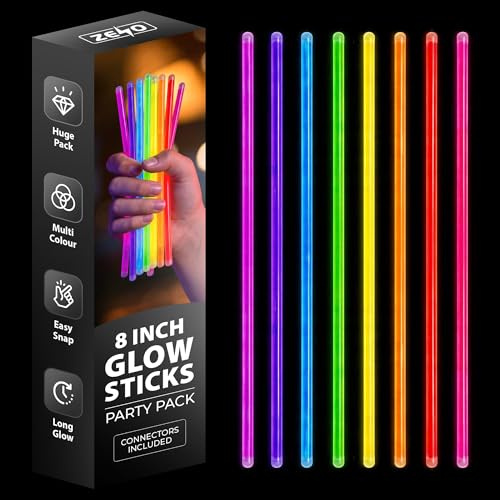 ZENO Glow Sticks 100 PCS | 8/20cm Glow Sticks Party Packs | Glowsticks for Children | Multicoloured Glowstick | Neon Party Accessories | Safe for Children | Lasts Hours | Includes Connectors
