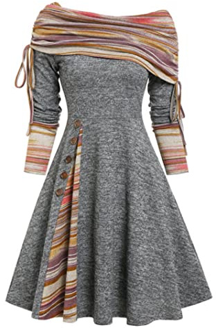 MENGQING Convertible Cinched Gestreiftes ausgestelltes Kleid Foldover Off The Shoulder Strickkleider Damen Langarm - Hellgrau0501,XXXL