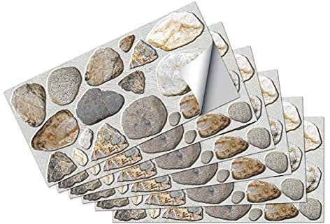 Autocollants pour Carreaux Rectangulaire Galets gris Stickers Carrelage Adhésif Imperméable, Autocollants de Carreaux Bricolage pour Maison Salle Bains Cuisine, 6 Pieces