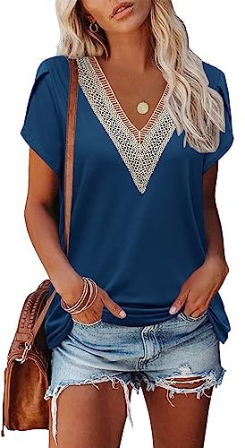 Famulily Women Blue Oversized Tshirt Summer Tops, Sexy V Neck Petal Sleeve Shirts T-Shirts, Casual (XL, Blue)