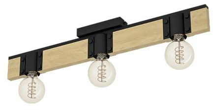 EGLO Deckenstrahler Bailrigg, 3-flammige Deckenlampe, FSC100HB, rechteckige Deckenleuchte, Holz in Natur und Metall in Schwarz, Deckenspot mit E27 Fassung
