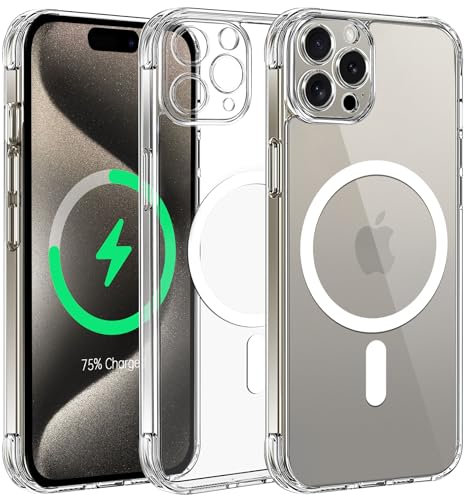 Qasyfanc Magnétique Coque Protection Caméra pour iPhone 15 Pro Compatible avec MagSafe Charge sans Fil, Anti-Jaune Antichoc Anti-Rayures Étui Housse pour iPhone 15 Pro, Transparente