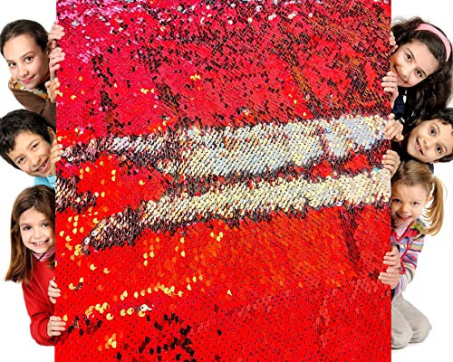 penepico Sensorischer Wand-Pailletten-Flip-Stoff für Kinder, Zweifarbiger Pailletten-Paillettenstoff, taktiler sensorischer Spielstoff für autistische Kinder (großes rot+Silber, 0.5yard(45cm*125cm))