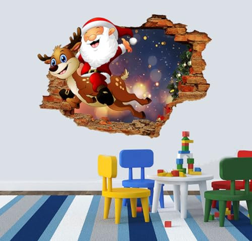 2-teilige 3d Zerbrochene Wand Elch Weihnachtsmann Wandaufkleber, Wohnzimmer, Kinderzimmer, Weihnachtsdekoration, Selbstklebende Papiertapete, 50 Bis 70cm