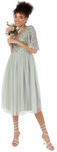 Maya Deluxe Ladies Midi Dresses for Women Embellished V Neck Flutter 3/4 Sleeve Sequins Wedding Guest Prom Graduation Green Lilly Size 16