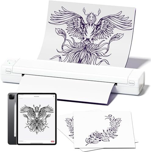 PokeLabel Tattoo Drucker Stencil Drucker, M08F Tattoo Stencil Drucker Maschine mit 10 Tattoo Transfer Papier, A4 Thermodrucker Tattoo für Smartphone iPad Laptop PC, Tattoo Künstler/Anfänger Set