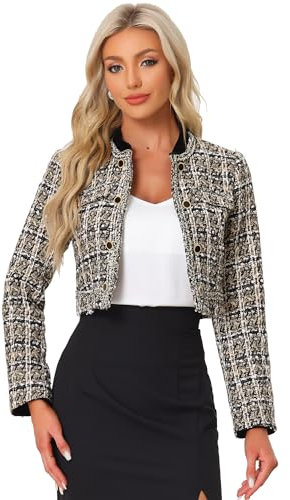 Allegra K Damen Tweed Blazer Mit Stehkragen Zweireihig Elegant Kariert Bauchfreie Jacke Khaki L