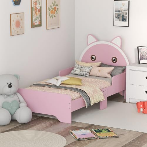 ZONEKIZ Toddler Bed Frame Cat Design for 3-6 Years 143L x 74W x 72Hcm Pink | Kids Bed, Princess, Bedroom Furniture, with Guardrails