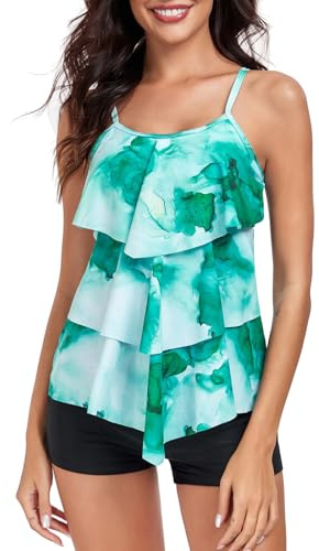 FLYILY Maillot de Bain 2 Pièces Femme Tankini Ensembles à Volants Maillot Haut Imprimé avec Short de Garçon Maillots de Bain Grande Taille(GreenBlack,3XL)