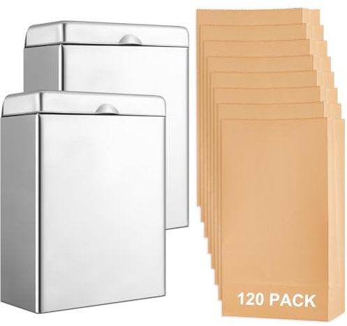 Tioncy Sanitary Napkin Receptacle with 100 Feminine Hygiene Liner Bag Wall Mounted Tampon Holder for Bathroom Sanitary Napkin Disposal Bags Tampon Disposal Bin for Home Public Restrooms (2 Pcs)