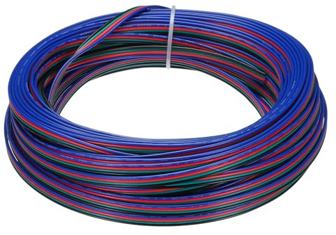 QUARKZMAN Cable de Cinta Plana de 22 Awg, Cable de Extensión Led de 4 Pines, 65.6 Pies de Largo, 0.067 de Diámetro, Cobre Estañado de 4 Colores, Calibre 22, 300V para Cable RGB