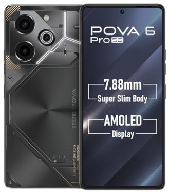 TECNO POVA 6 PRO 5G (gris meteorito, 12 GB + 256 GB) | Cámara de 108 MP + cámara selfie de 32 MP | Pantalla AMOLED puntual de 120 Hz | Altavoces duales con Dolby Atmos | Cargador de 6000 mAh y 70 W |