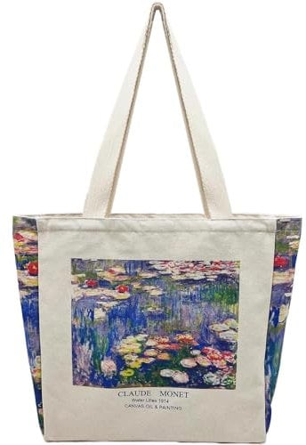 BROADREAM Canvas-Tragetasche, ästhetische Schultertasche mit Reißverschlüssen und Innentasche, Monet Seerosen