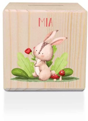 GRAVURZEILE Spardose aus Holz - Waldtiere - mit Namen personalisiert - Personalisierte Geschenke für Mädchen & Jungen zum Geburtstag Kommunion Einschulung - Geschenk für Kinder - Hase