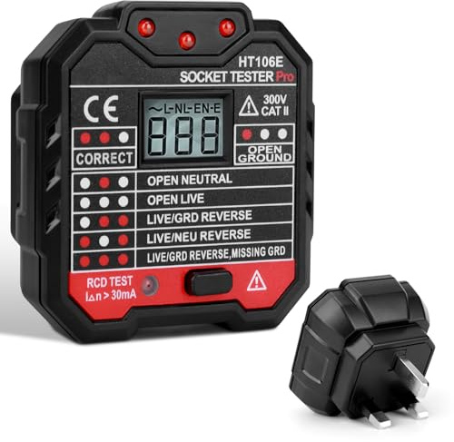 Socket Tester, Digital Circuit Breaker Detector Electric Circuit Polarity Finder Voltage Detector with Bright LCD Display Reference Chart UK, 90-250v, HT106E