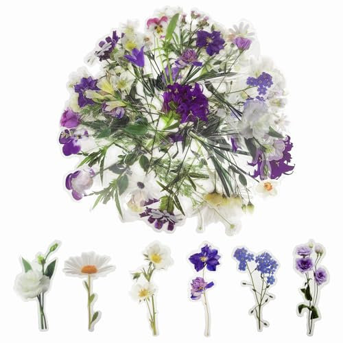 80 Stück Blumenaufkleber, transparente Scrapbook-Aufkleber, handgefertigte Blumenaufkleber, Blumenaufkleber für Erwachsene, für Scrapbook-Zubehör, Karten, Laptop, DIY-Bastelarbeiten (Violett + süß)