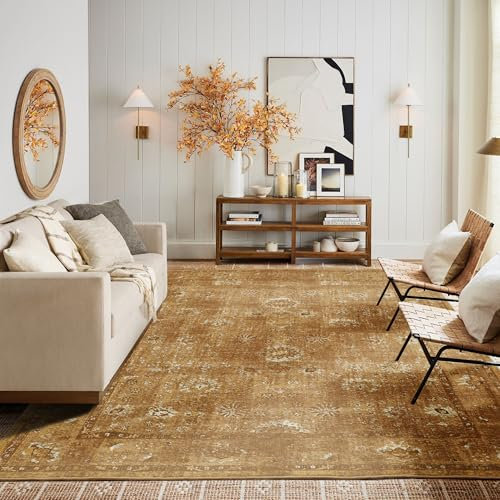 LIMON HOME Boho-Teppich für Wohnzimmer, 12,7 x 17,8 cm, maschinenwaschbar, für Badezimmer, groß, rutschfest, für Kinderzimmer, Eingangsbereich, Esszimmer, Büro, Senfgelb, 12,7 x 17,8 cm
