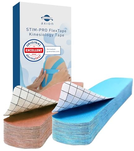axion® 50 Streifen Precut Sport-Tapes beige & blau - Medizinprodukt | Kinesio Tape 50 selbsthaftende Streifen. Vorgeschnitten. Ideal als Knietape, Spinal-Tape, Sporttape, Physio Tape, Body Tape.