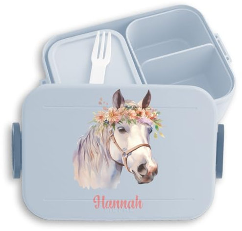 Kinder Bento Box Midi Mepal Bentobox - Pferd - Süße Pferde Brotdose für Mädchen | Auslaufsicher Ideal für Schule und Kindergarten | Mädchen Lunchbox mit Trennfach - 900 ml - Hellblau